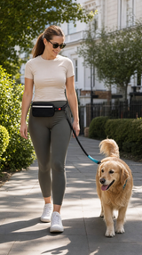 Mujer caminando con su perro usando la correa manos libres TovaWear